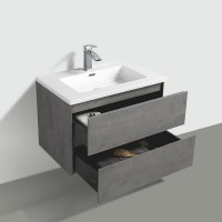 Grey wall hung bath cabinets in plywood with ceramic top basin